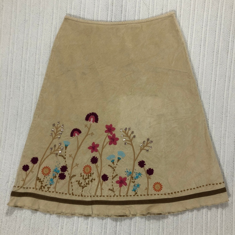 J Jill Tan ALine Midi Skirt Embroidered Floral Sequin Detail Size 10‎